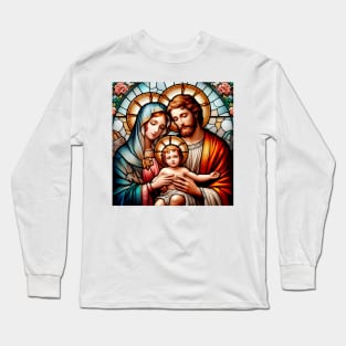 Christian stained glass of the Biblical Holy Family: Saint Joseph, Our Lady and the Child Jesus Long Sleeve T-Shirt